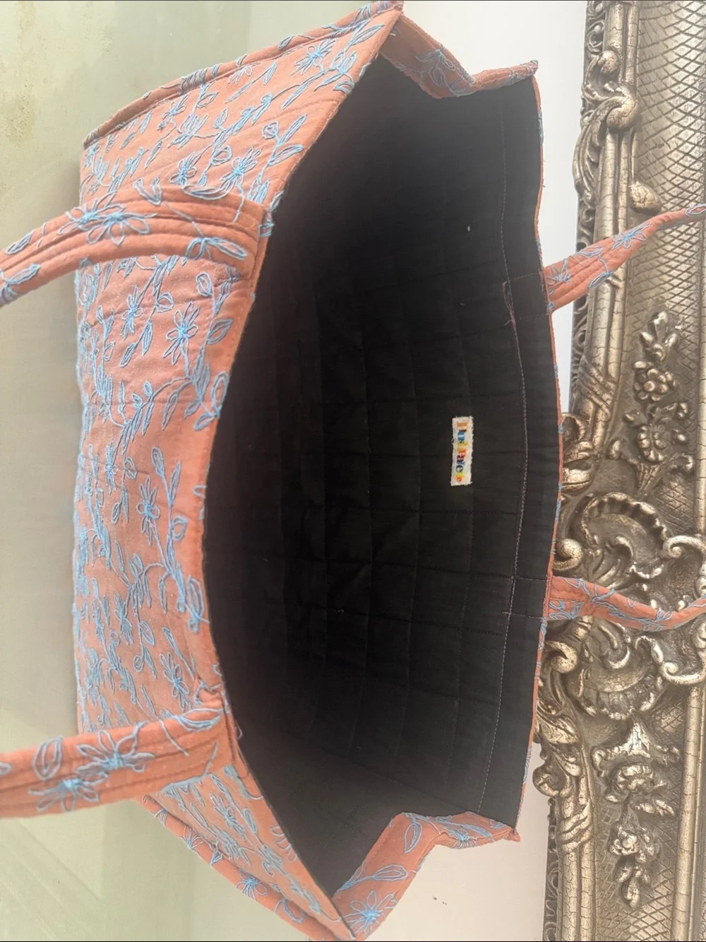 Rust Floral Embroidered Cushioned Tote Bag with Blue Accents